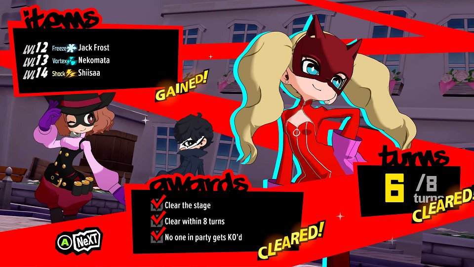 Ann, Haru und Joker haben einen Kampf gewonnen und alle zusätzlichen Bedingungen erfüllt.