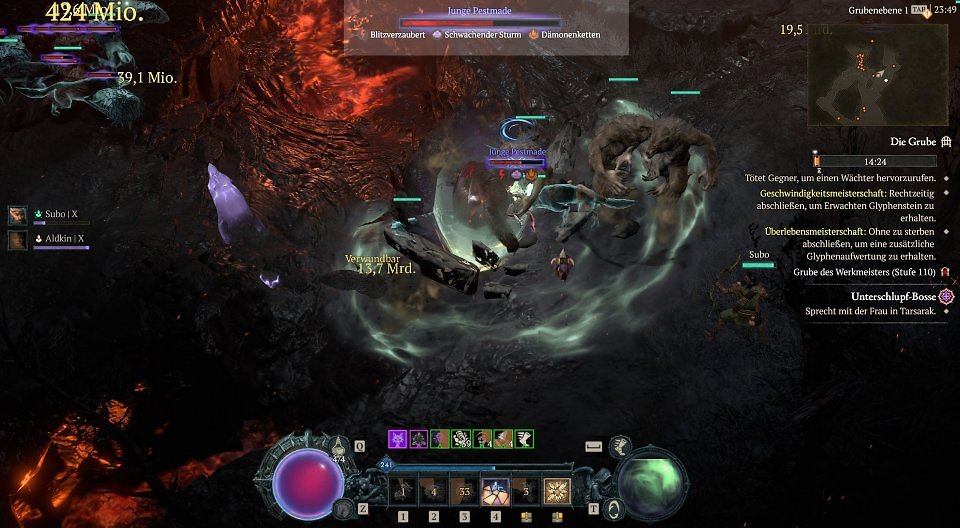 Ingame-Screenshot aus Diablo 4 in der Grube des Werkmeisters (Stufe 110). Der Spieler kämpft gegen ein Elite-Monster namens Junge Pestmade. Die Lebensleiste am oberen Rand listet die Affixe Blitzverzaubert, Schwächender Sturm und Dämonenketten. Das Kampfgeschehen ist von einer großen, kreisförmigen, grünlich-grau wirbelnden Sturmanimation (Schwächender Sturm) umgeben. Links sind die Söldner-Porträts von Subo und Aldkin zu sehen. Riesige Schadenszahlen wie 13,7 Milliarden fliegen über den Bildschirm.