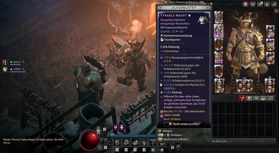 Ein Ingame-Screenshot aus Diablo 4, der den geöffneten Charakter- und Ausrüstungsbildschirm zeigt. Im Vordergrund öffnet sich das Tooltip-Fenster für den ausgerüsteten vermachten mythisch einzigartigen Brustschutz "Tyraels Macht". Zu sehen sind 900 Gegenstandsmacht, 3.506 Rüstung mit dem Attribut Unzerstörbar, +29 % Bewegungsgeschwindigkeit, +31,3 % Widerstand gegen alle Schadensarten, +500 Widerstand gegen alle Schadensarten, 25,0 % Schadensreduktion sowie der einzigartige Effekt, der bei vollem Leben ein göttliches Sperrfeuer entfesselt. Darunter ist das Runenwort BacCeh aktiv.