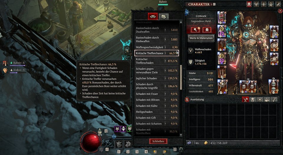 Ein Ingame-Screenshot des Charakter- und Werte-Menüs aus Diablo 4: Lord of Hatred. Auf der rechten Seite ist das Inventar und das Charaktermodell des Barbaren "Conan" in schwerer Rüstung zu sehen. Im Zentrum ist das lange, detaillierte Fenster "Werte &amp; Materialien" geöffnet, das unter anderem "Kritische Trefferchance: 66,3 %" und "Kritischer Trefferschaden: 875,5 %" sowie "Schaden durch physische Angriffe: 186,6 %" auflistet. Auf der linken Seite öffnet sich ein kleineres, schwarzes Tooltip-Fenster, welches die Mechanik der kritischen Trefferchance im Spiel detailliert auf Deutsch erklärt. Am linken Bildschirmrand sind die aktiven Porträts der Söldner "Raheir" und "Aldkin" auf Qual-Stufe X zu sehen.