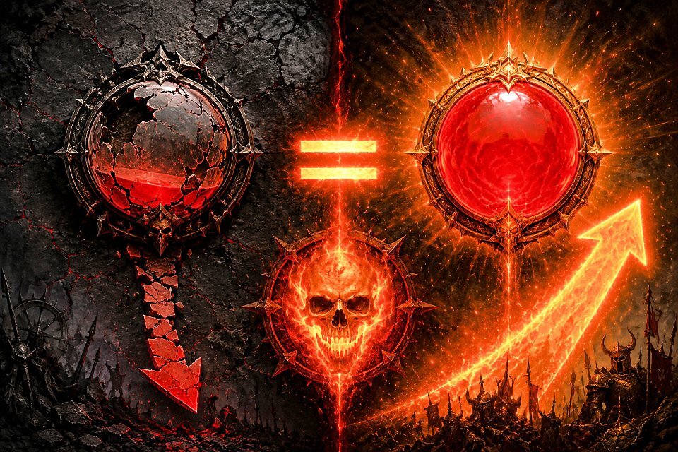 Eine düstere Infografik im Diablo 4-Stil auf rissigem, schwarzem Stein. Links eine zerbrochene, halbleere rote Wutkugel mit einem roten Pfeil nach unten. Rechts eine prall gefüllte, intensiv glühende rote Wutkugel mit einer goldenen Aura und einem großen, feurigen Pfeil nach rechts oben. In der Mitte verbindet ein brennendes Gleichheitszeichen die linke Seite mit einem flammenden Totenkopf im Zentrum, der die Schadensexplosion symbolisiert.